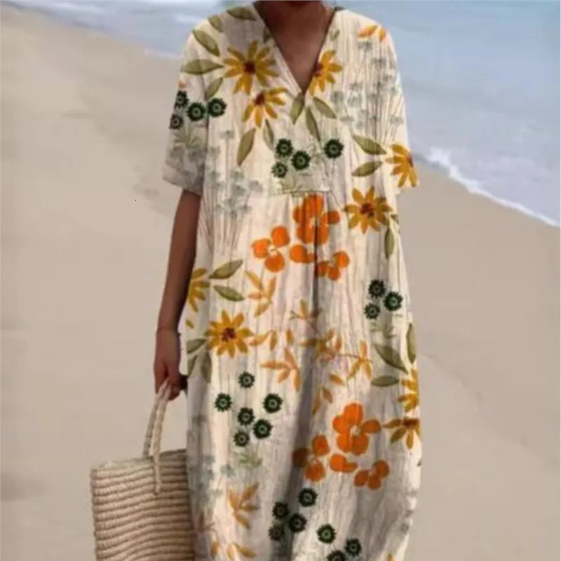 Women Floral Print Summer Maxi Dresses Colorful V Neck Short Sleeve Casual Loose Vacation Workout Beachwear Dress Robe Traf 250225