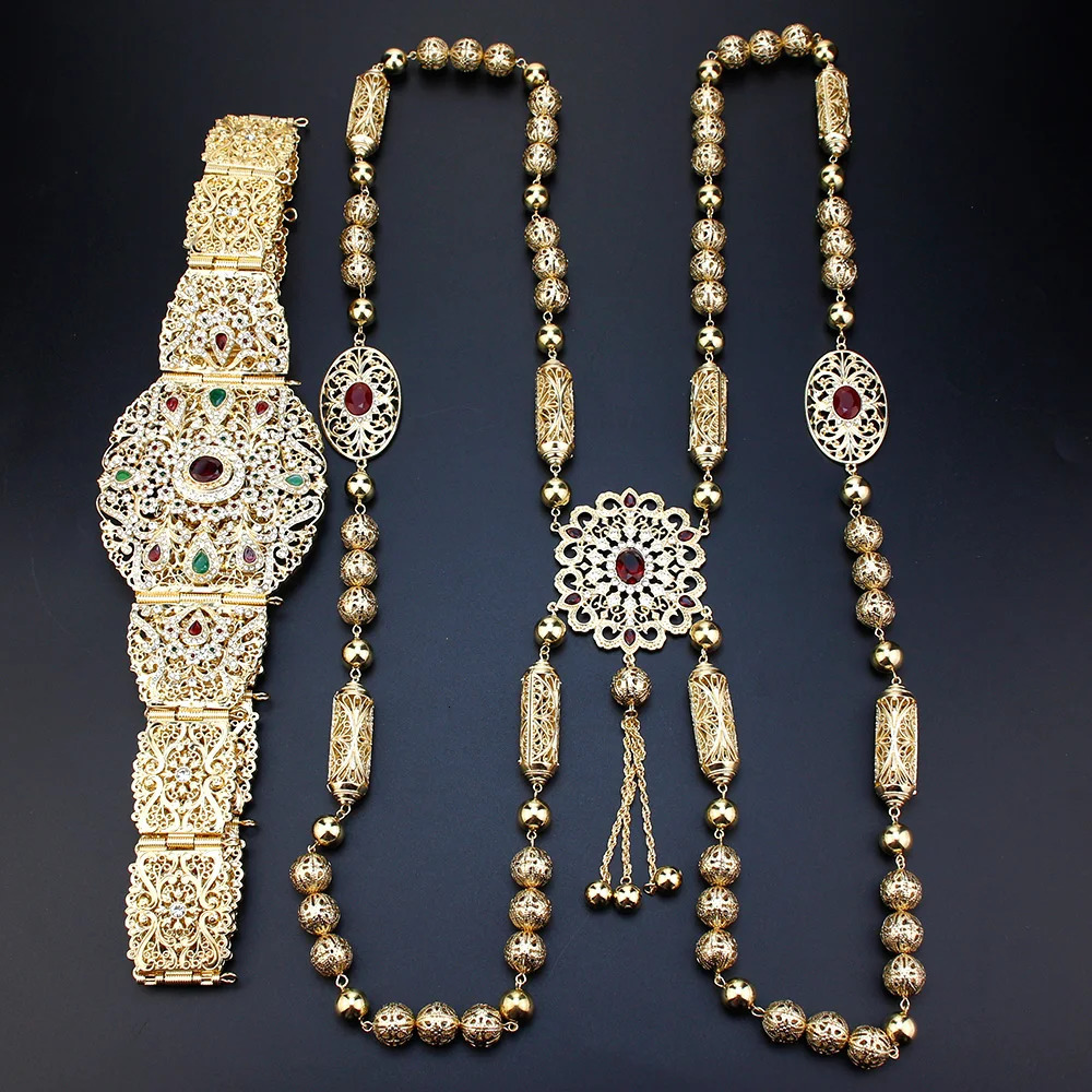 Sunspicems Morocco Bride Dress Caftan Belt Shoulder Chain Set Gold Color Algeria Women Wedding Jewelry Arabic Crystal Body Chain 250225