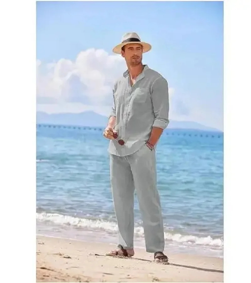 Sky Blue White Black Sports Suit Mens Beach Casual Linen Loose Long-sleeved Shirt Trousers Workwear Two-piece Male Set 250222