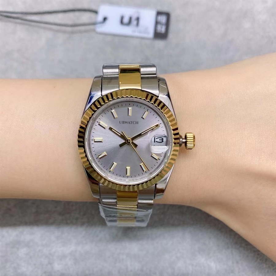 Timeless Beauty 31MM Sapphire Two Tone Stainless Steel Automatic Mechanical ST9 Womens Watches Fluted Bezel Cyclops Date Ladies Wristwatches