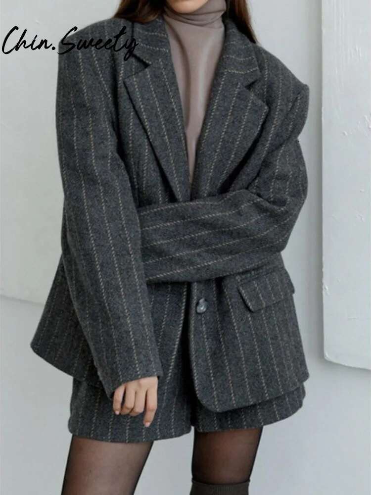 Urban Striped Print Women Shorts Set Casual Notched Single Button Pocket Blazer Short Dropped Pants 2025 Spring Autumn Lady Suit