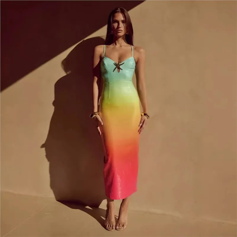 Sequins Gradient Spaghetti Strap Slim Maxi Dress Women Starfish Hollow Out Sleeveless Package Hip Sparkle Slit Party Dresses 250226