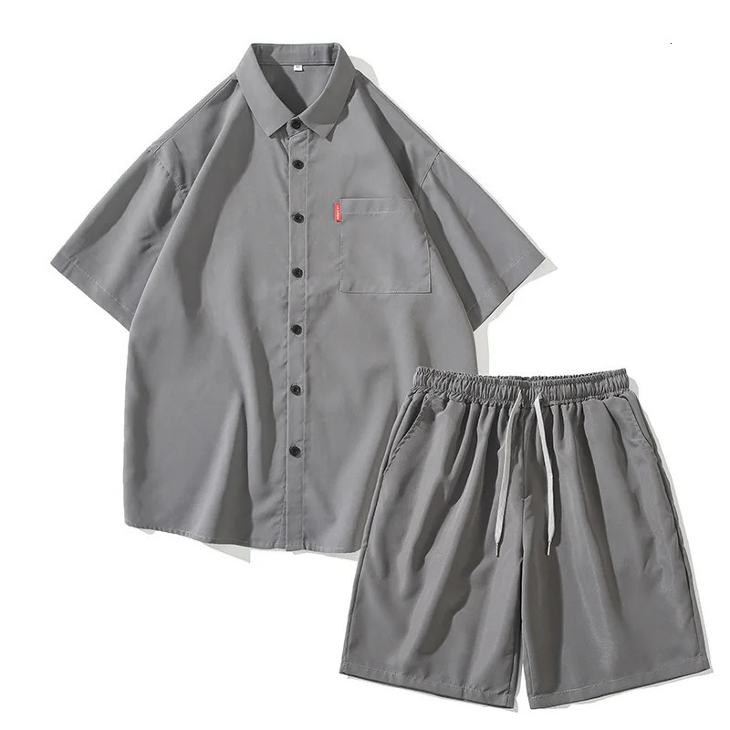 summer mens casual suit Japanese solid color simple loose short sleeved shirt two-piece set 250222