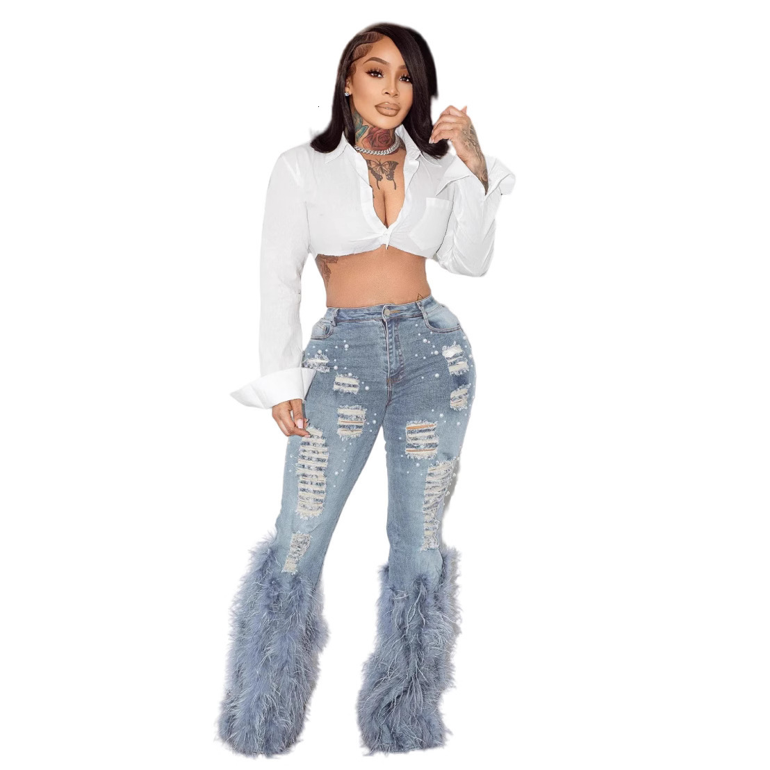 D8711 New Fashionable Casual Jeans with Nail Beads and Long Hairy Jeans 201105