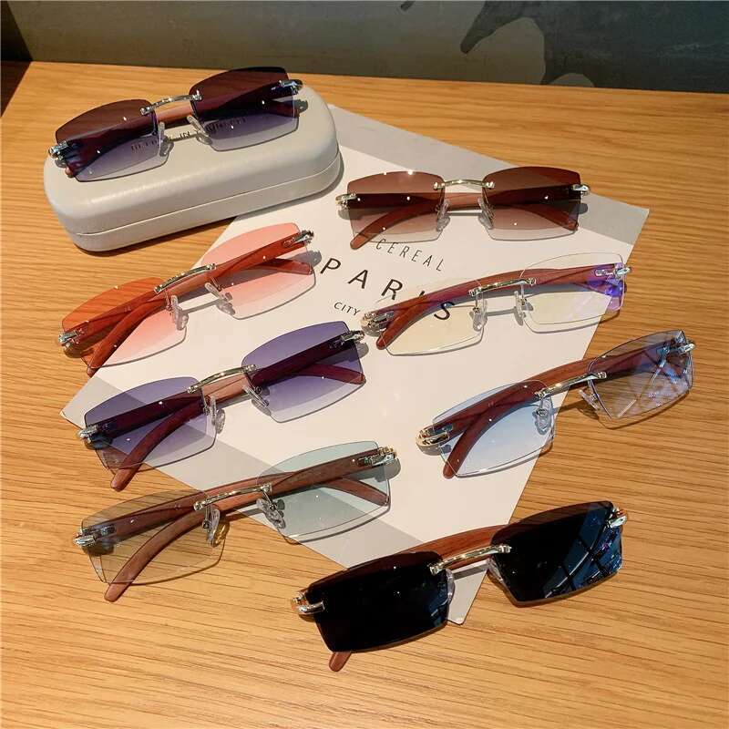 KAMMPT Rimless Sunglasses For Men Women Wooden Pattern Brand Retro Sun Glasses Fashion Shades UV400 Travel Outdoor