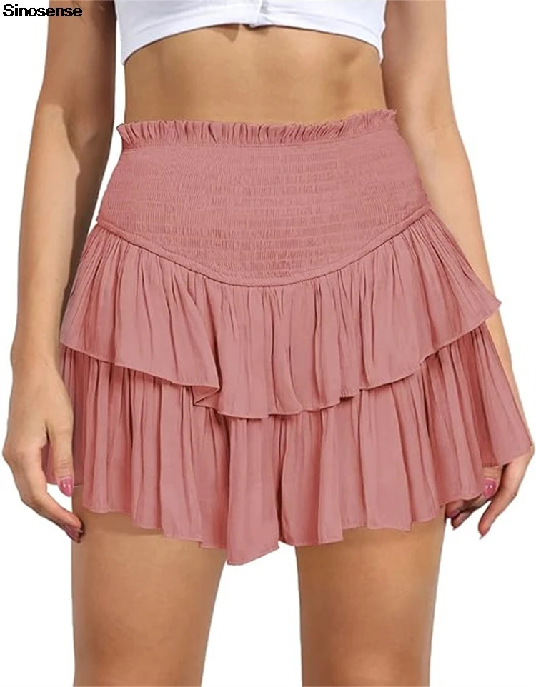 Womens High Waist Ruffle Pleated Mini Skirts Solid Lined Layered Flared Flowy Casual Swing Summer Boho Beach Mini Short Skirt 250225