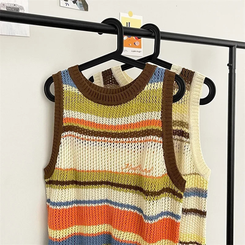Fashion Striped Hollow Knitted Vest Mens Summer Color Matching Sleeveless Tshirt Loose Couple Vests Tops Male Clothes 250225