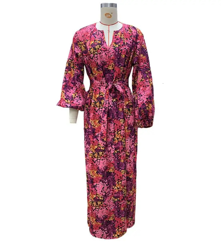 Fashion Printed Long Sleeve V-neck Bohemian Lace Up Dress For Women 250225