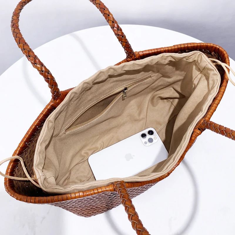 Genuine Leather Handwoven Tote Bags For Women er Handbags And Purses 2024 In Cowhide With Inner Pocket Shoulder 250224