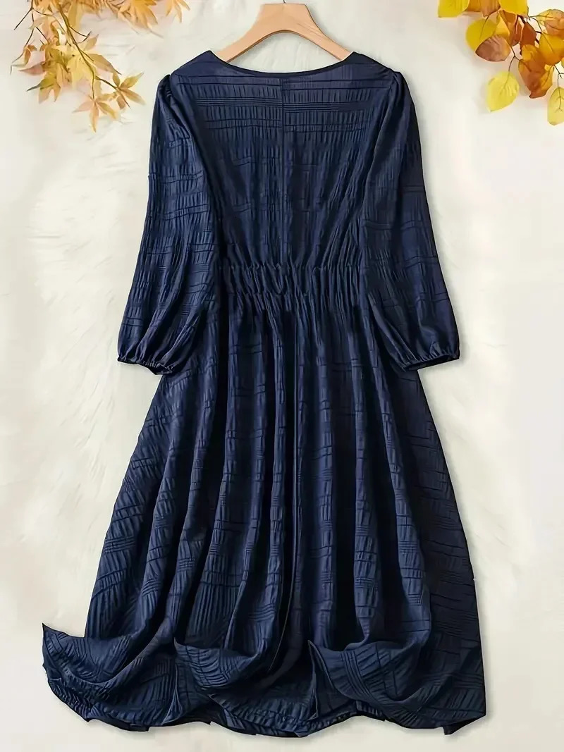 1XL-5XL Plus Size Womens Casual Dress with Textured Lantern Sleeves and V-Neck Tie Front Midi Dress for Comfort and Style 250225