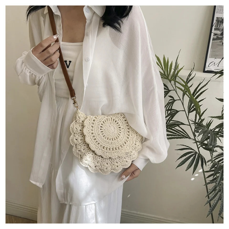 Fashion Hollow Woven Shoulder Bag For Women Handmade Cotton Thread Crochet Crossbody Bag Summer Beach Bag Flip Button Handbag 250224