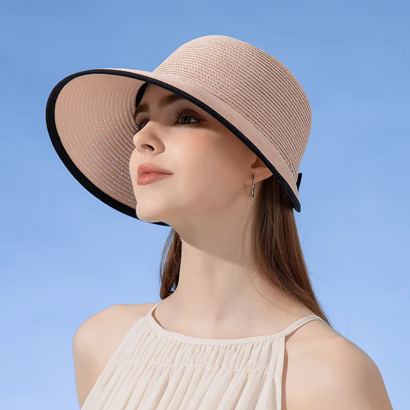 Summer Empty Top Straw Hat for Women Large Brim Uv Protection Sunscreen Sun Hat Foldable Roll Up Visors Outdoor Travel Beach Cap 250218