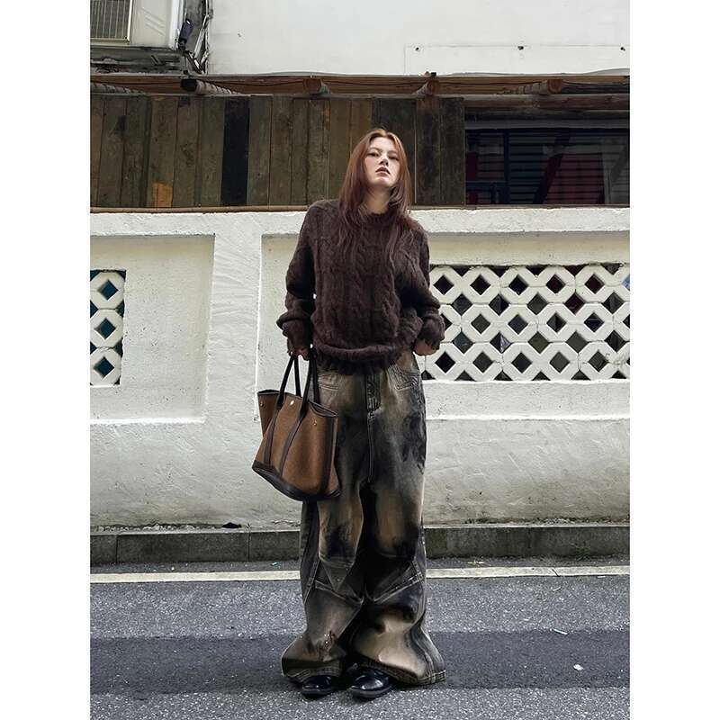 MDNG American Vintage Waist Printting Jeans Women Casual 2000S Washed Pants Baggy Y2k Wide Leg Grunge High Street Denim Trouser