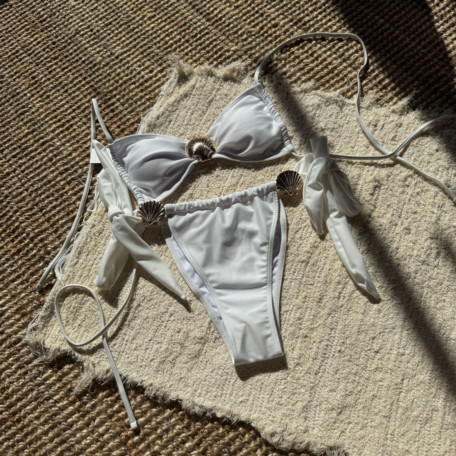 designer swimwear 2025 new solid color sexy shell decoration lace up swimsuit bikini