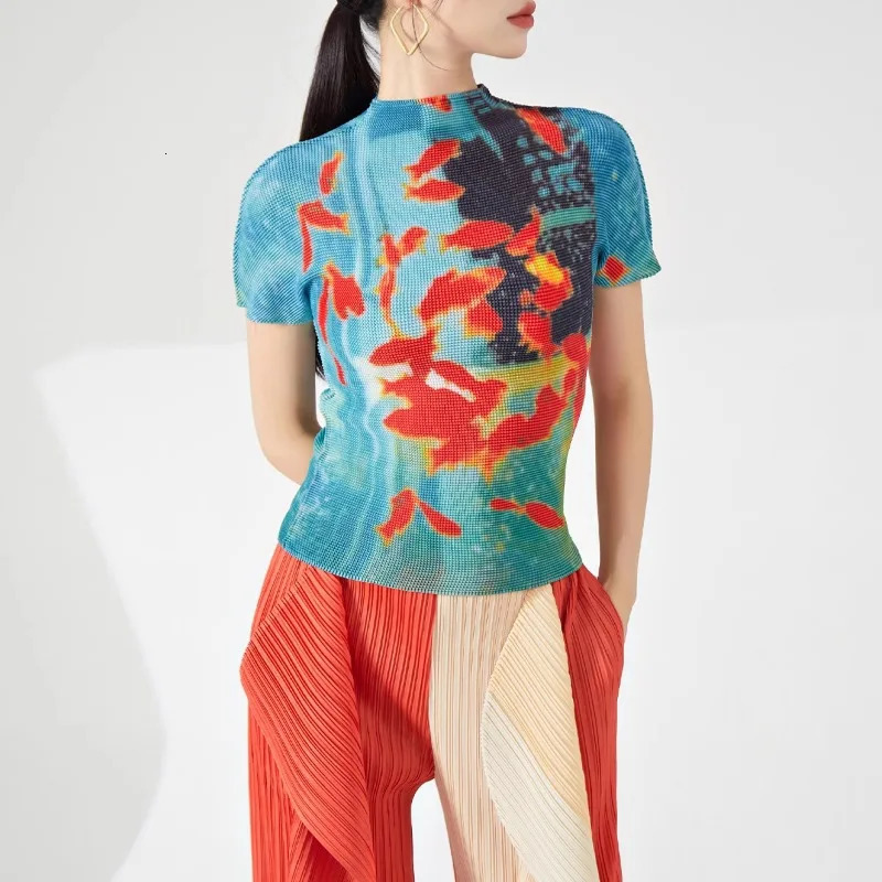 Vintage Fish Print American Folds Tees Summer Camisetas Irregular Slim Waist Tops Turtleneck Y2k Women Tshirts 250214