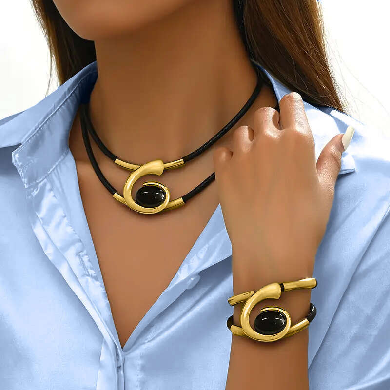 Bohemian style gold and black acrylic jewelry set - women's necklace bracelet combination