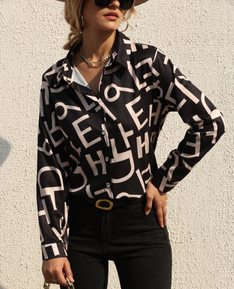 Elegant Womens Fashion Blouse SpringSummer Digital Print Shirt Slim Fit Office Female Tops 250225