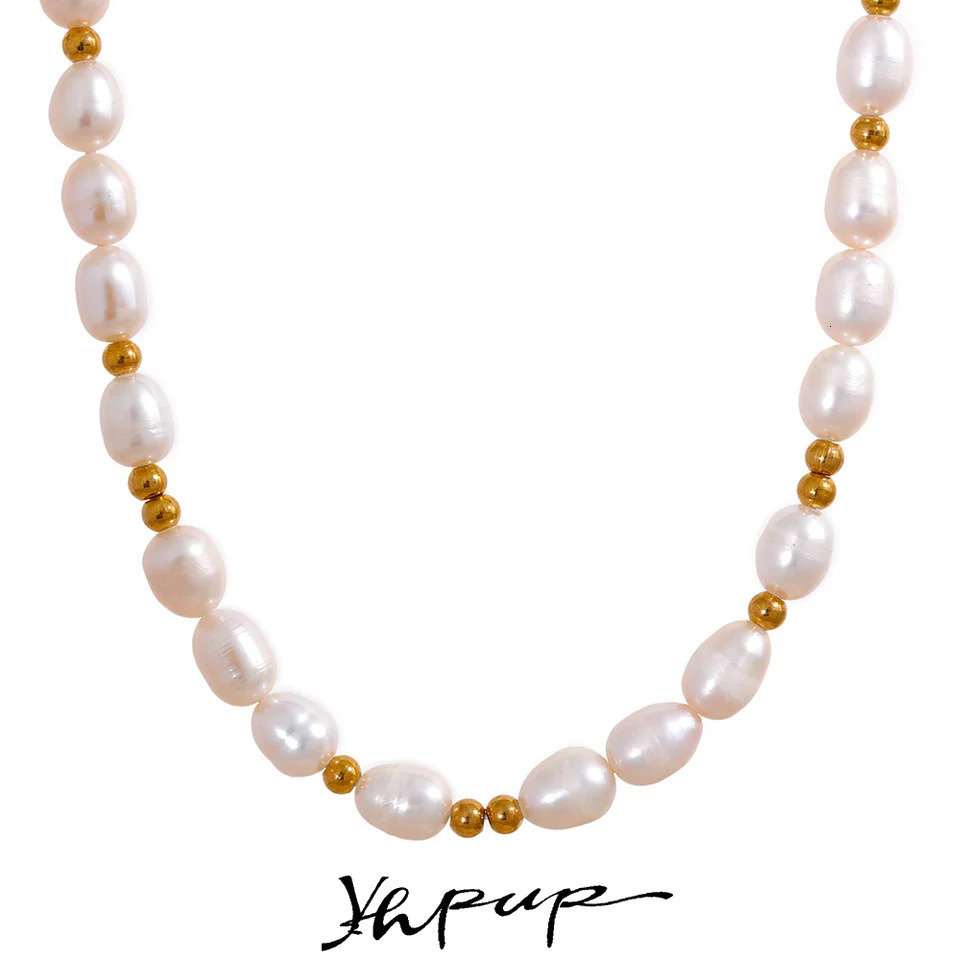 Yhpup Stainless Steel Natural Pearls Handmade Fashion Waterproof Necklace for Women Bohemia Beads Stylich Golden Jewelry 250222