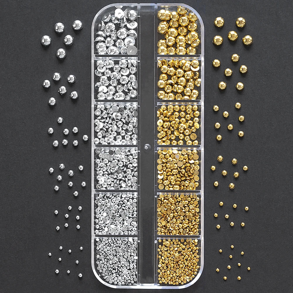 12Gridbox Gold Silver Half Round Caviar Bead Nail Charms 1235mm Flatback Steel Micro Ball Manicure 250217