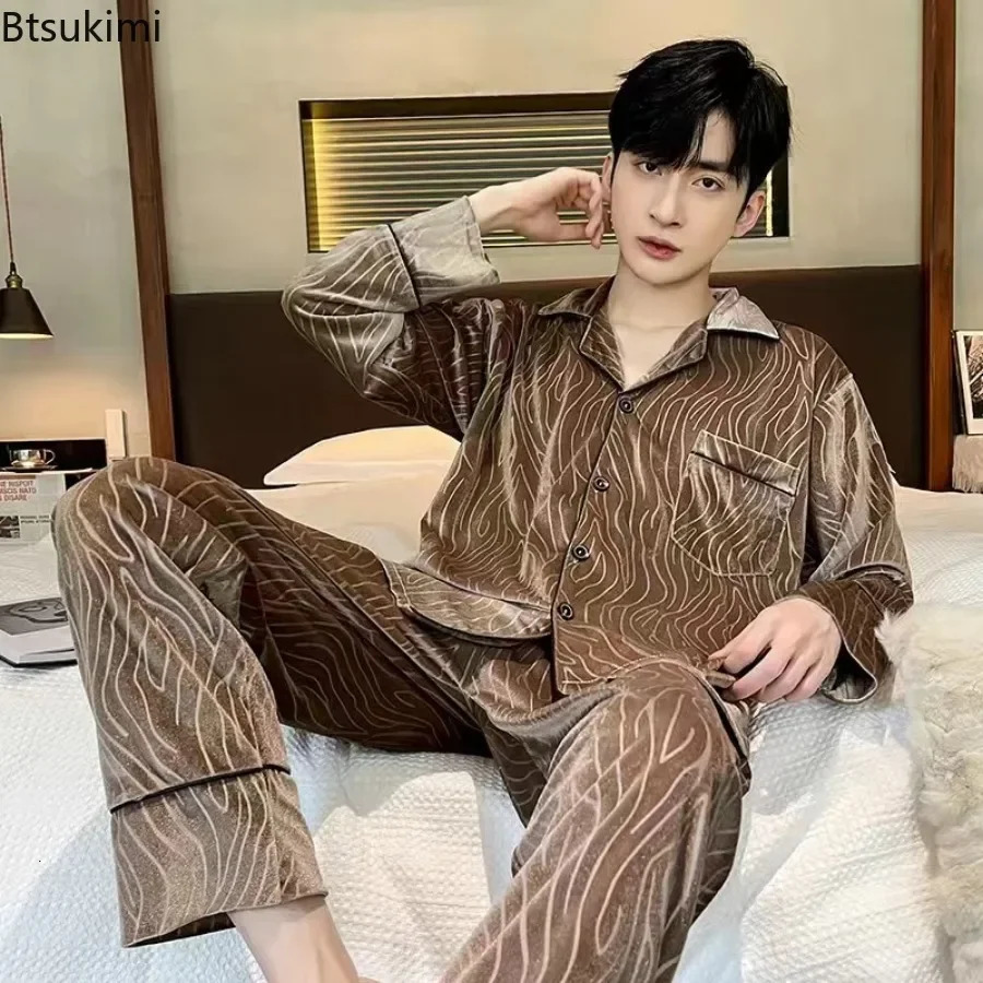 Mens Long Sleeve Pants Pajama Sets High-end Gold Velvet Homewear 2 Piece Sets Loose Lounge Sleepwear Suit Male 250225