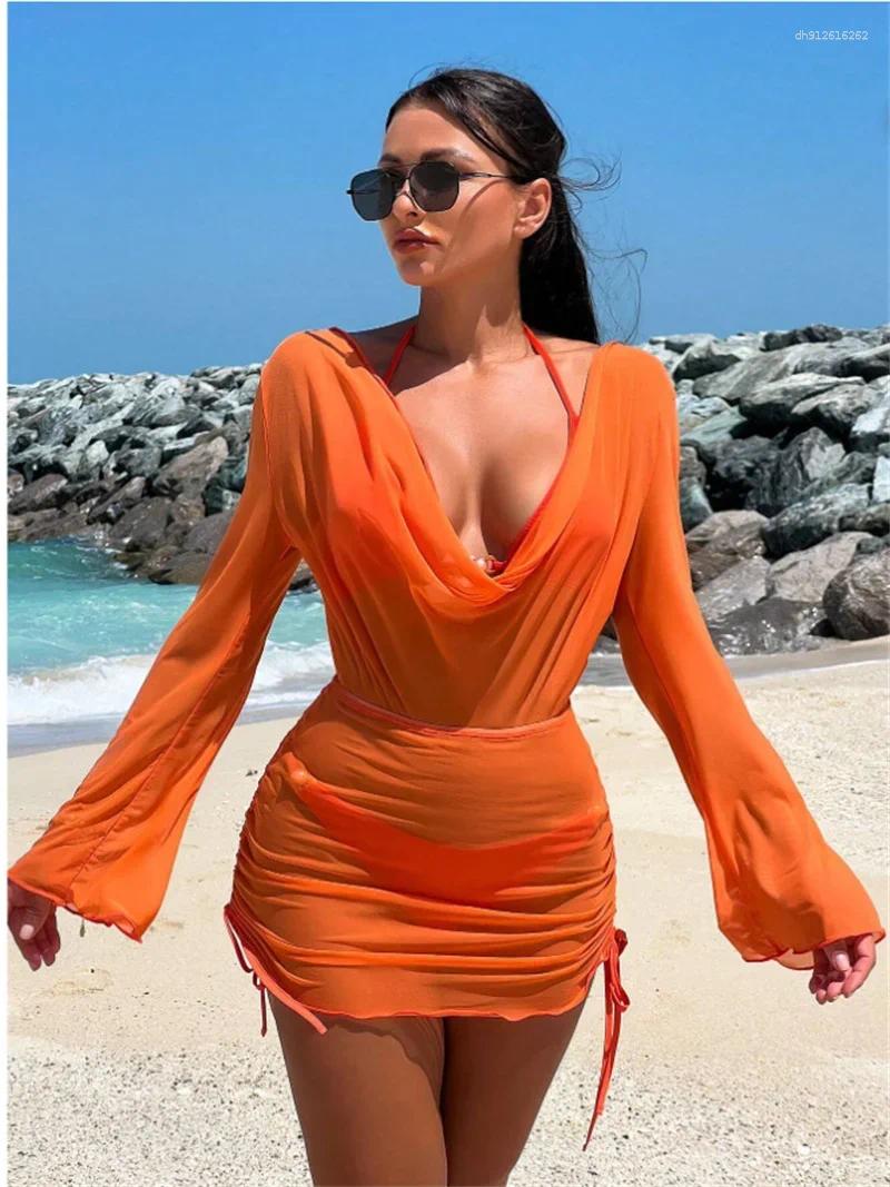 Women's Swimwear Sexy Black 3 Piece Bikini Set Women Long Sleeve Mesh Pleate Dress Swimsuit 2025 Brazilian Push Up Bathing Suit Thong