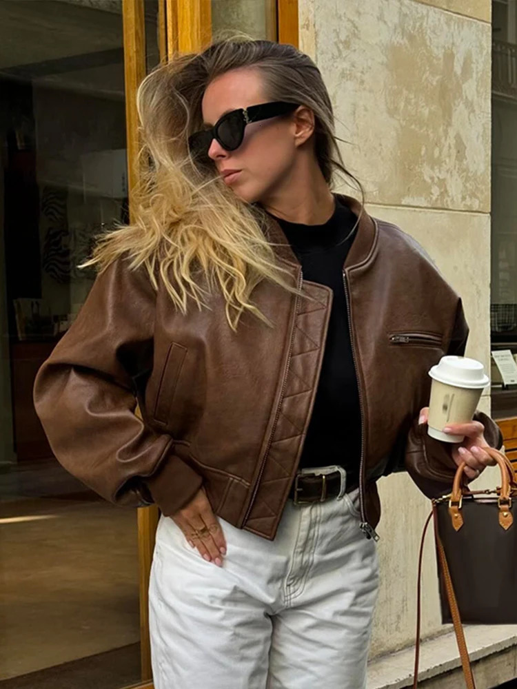Vintage Leather Bomber Jacket Women O-neck Zipper Pockets Loose Short Coat 2024 Autumn Lady High Street Outwear 250225
