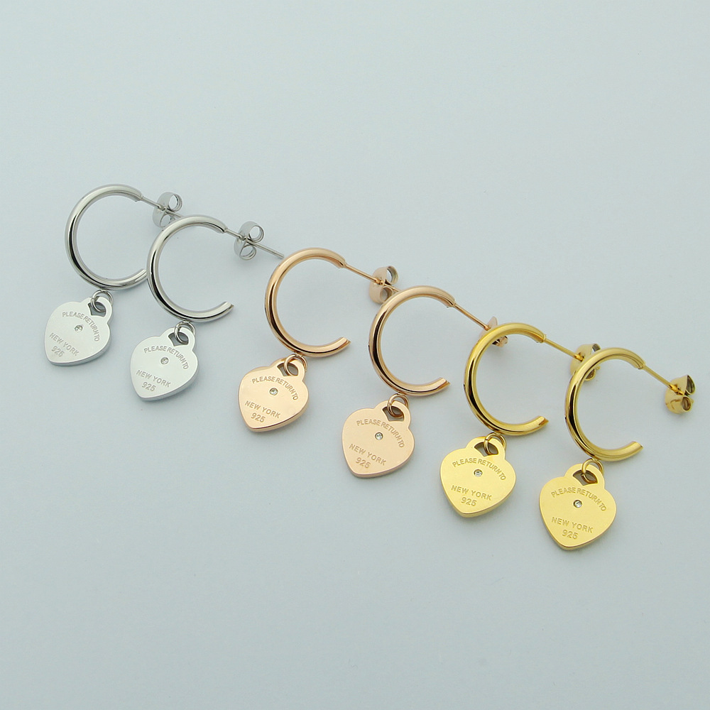 316L Stainless Steel T hoops Girls branded designer moissanite diamond heart stud 18k Gold silver rose women earrings wedding jewelry birthday gift match clothes
