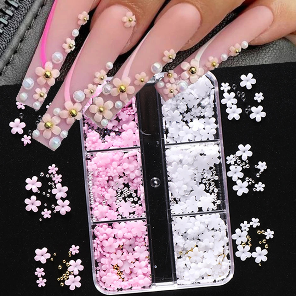6 Grids Nail Art Decoration Pink White Acrylic Flower Charms with Beads Gem DIY Parts for Accessories Tool SASZCT156 250217