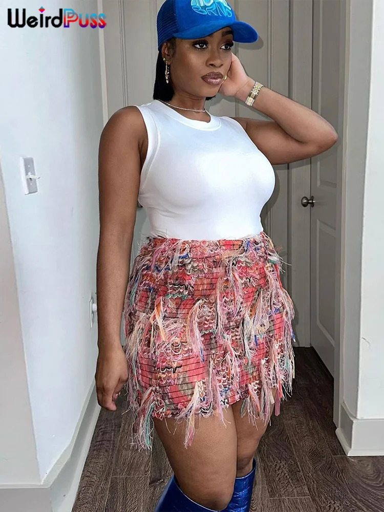 Weird Puss Colorful Tassel Skirts Peach Hip Women Thin Knit Wild Sexy Midnight Summer Trend Stretch Skinny Streetwear Bodycon 250225