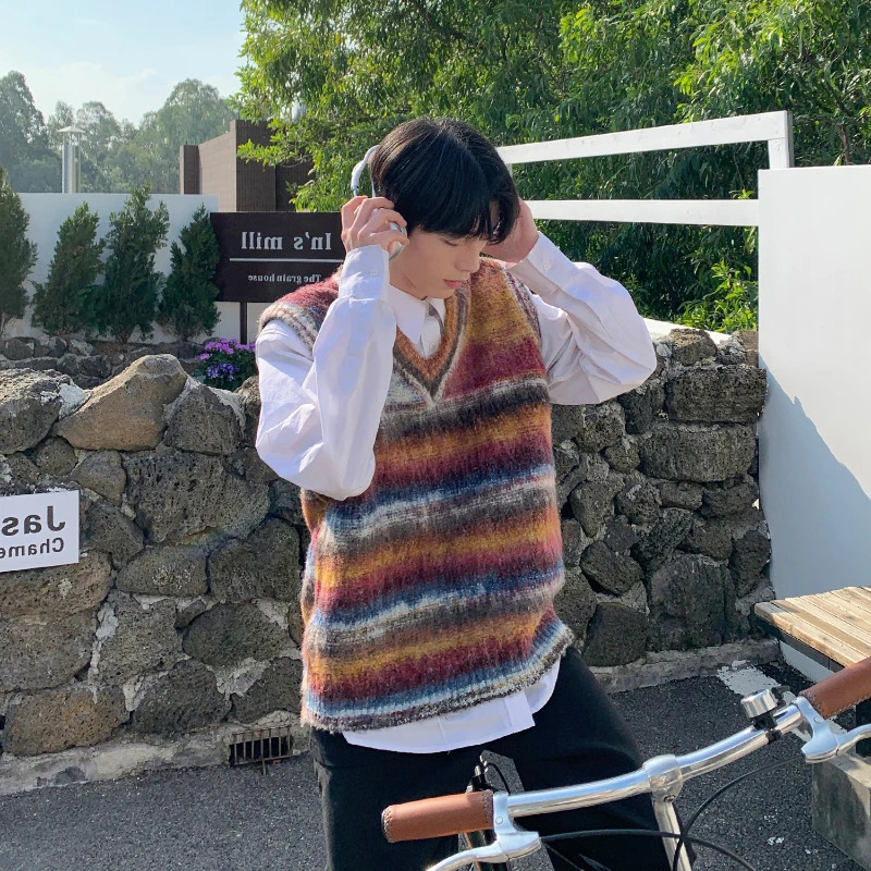 Sweater Vest Casual Loose Vneck Striped Spring Autumn Tie Dye Fashion Retro Soft Japanese Style Unisex Daily Knitting Youthful 250225