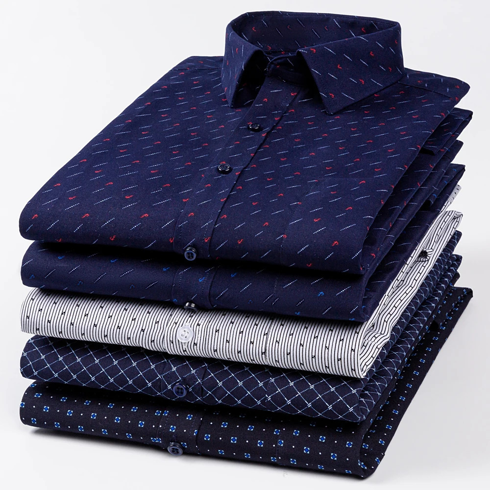 Mens 65% Cotton Long Sleeve Printed Check Dress Shirt Single Patch Pocket Regular-fit Comfortable Versatile Thin Casual Shirts 250226