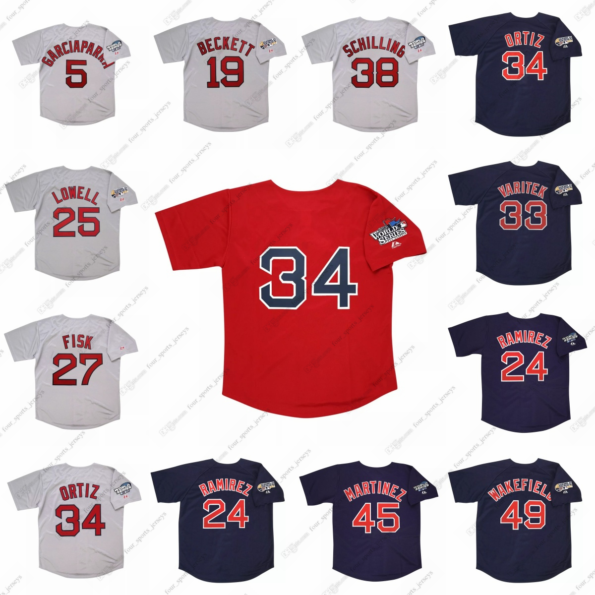 Red Sox Retro baseball jersey 27 Carlton Fisk 33 Jason Varitek 34 David Ortiz 38 Curt Schilling 45 Pedro Martinez 49 Tim Wakefield 5 Nomar Garciaparra 10 Coco Crisp
