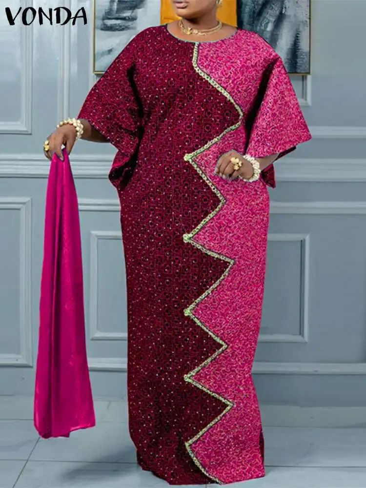 VOND Party Maxi Dress Women Elegant Printed Dress Autumn Bat-wing Sleeve Bohemian Sundress Casual Loose Dress Femme 250222