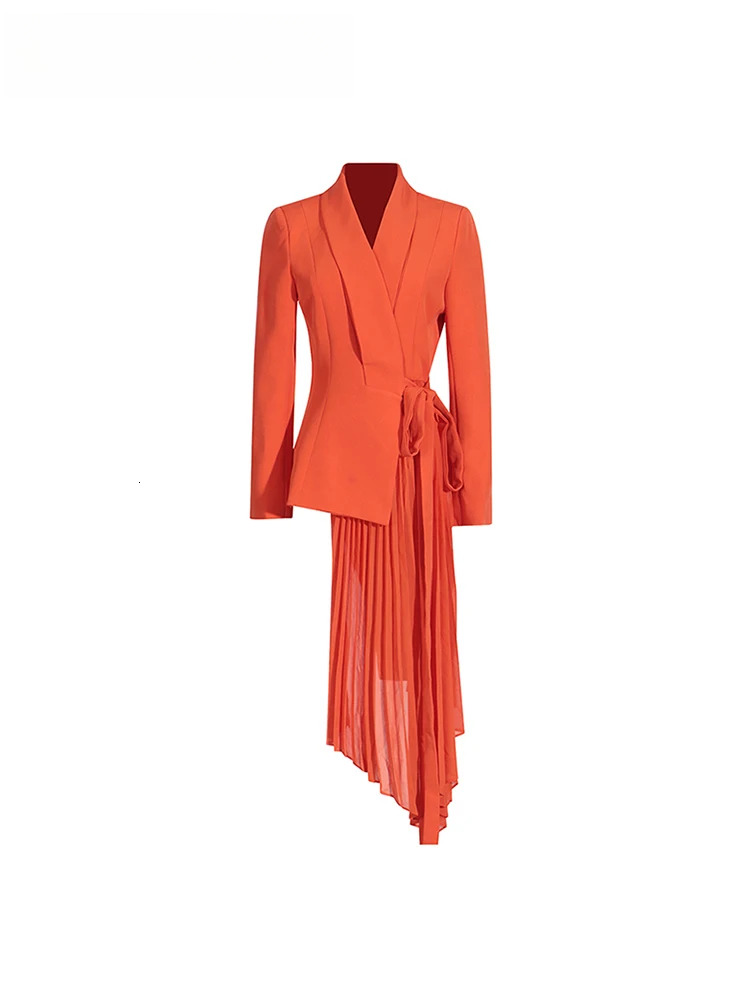 Solid Ruffles Blazer For Women Notched Collar Long Sleeve Spliced Lace Up Slimming Temperament Coats Female