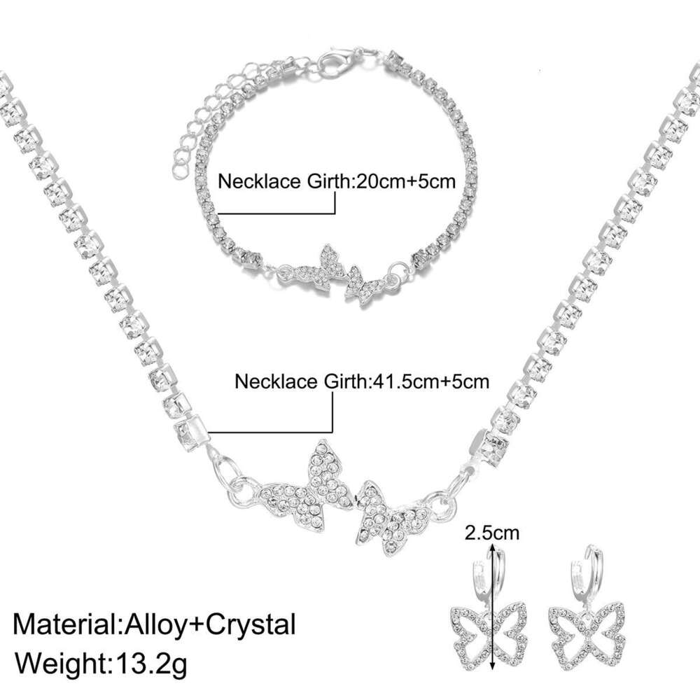 Creative Point Water Dia Butterfly Pendant Jewelry Three Piece Set Necklace Earrings Bracelet