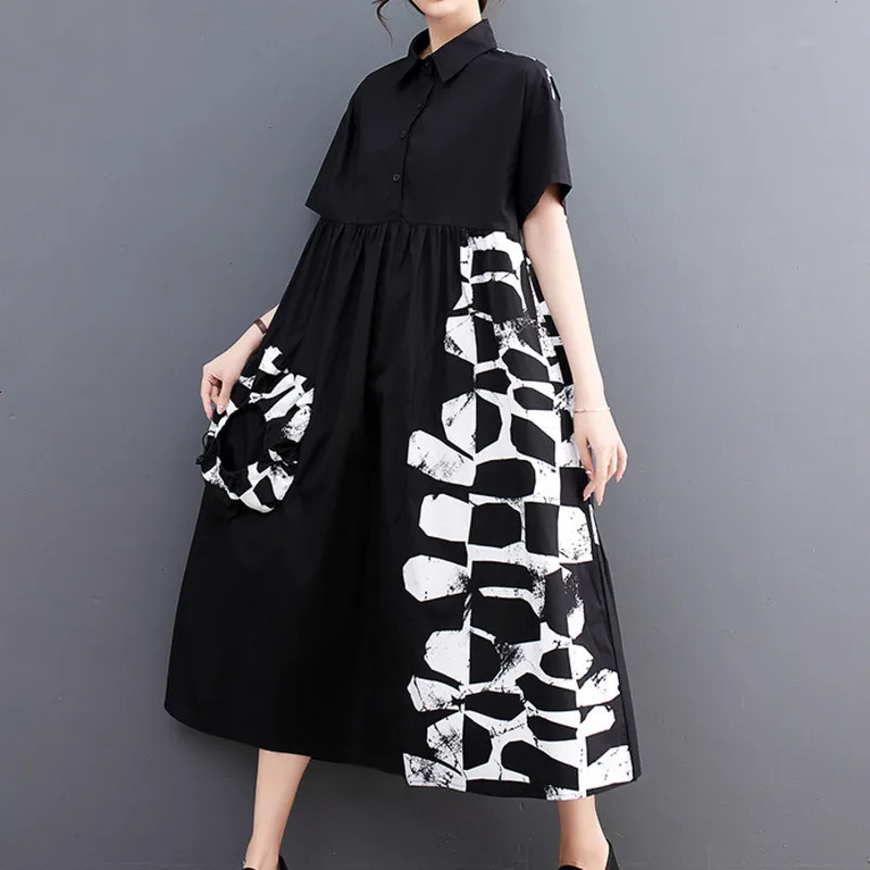 #0208 Summer Black White Long Shirt Dress Women Side Pockets Buttons Loose Asymmetrical Printed Midi Dress Female Short Sleeve 250225