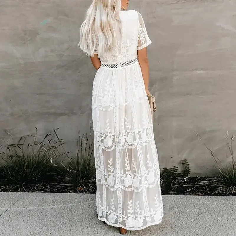 Happie Queens Summer Women Lace Embroidery Long Sleeve V-neck White Chiffon Beach Dress Lady mesh Patchwork Boho Dresses 250222