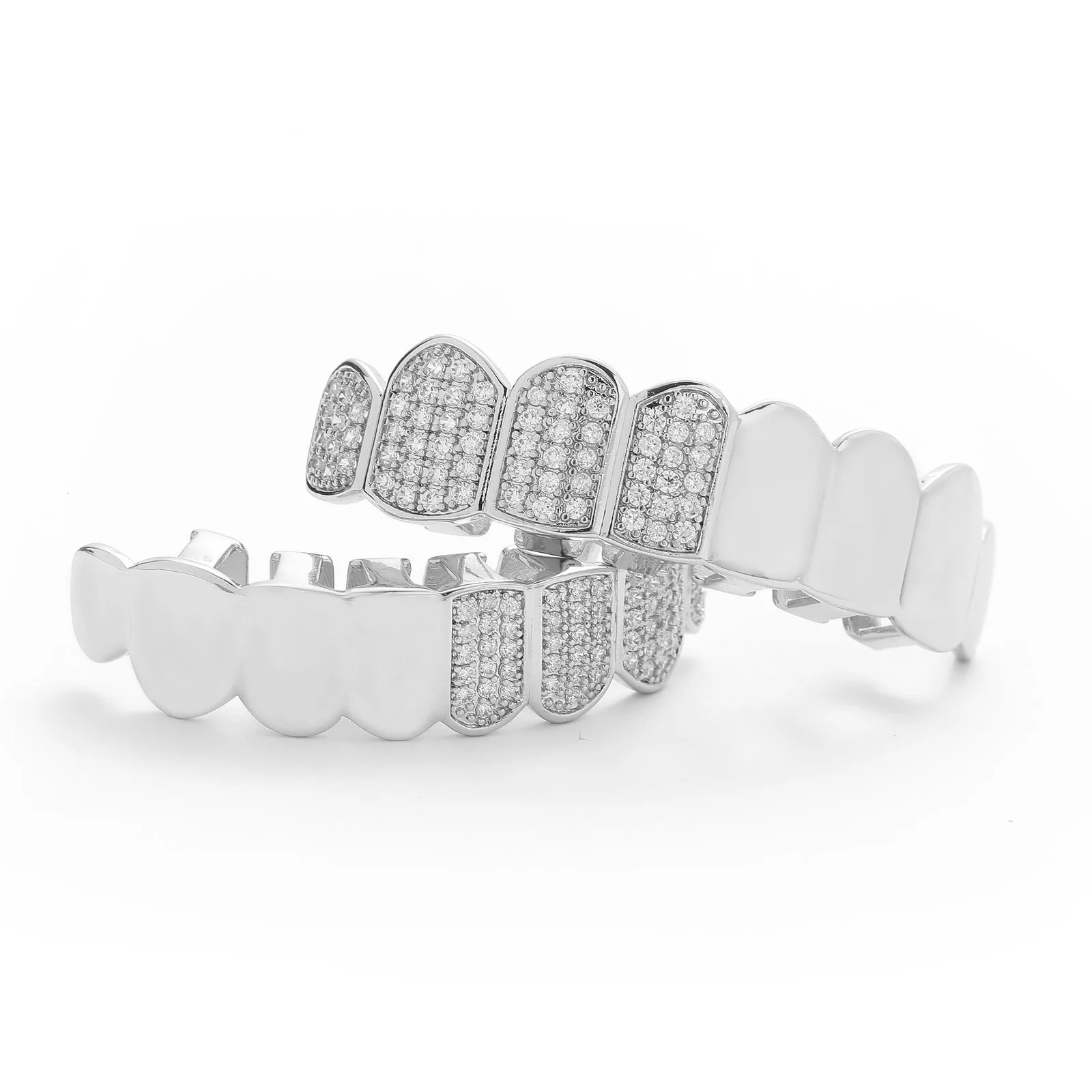 Half Mirrow Style Zircon Iced Out Teeth Hip Hop 8/8 Top Bottom Grills Dental Mouth Punk Teeth Caps Cosplay Party TG094 250220