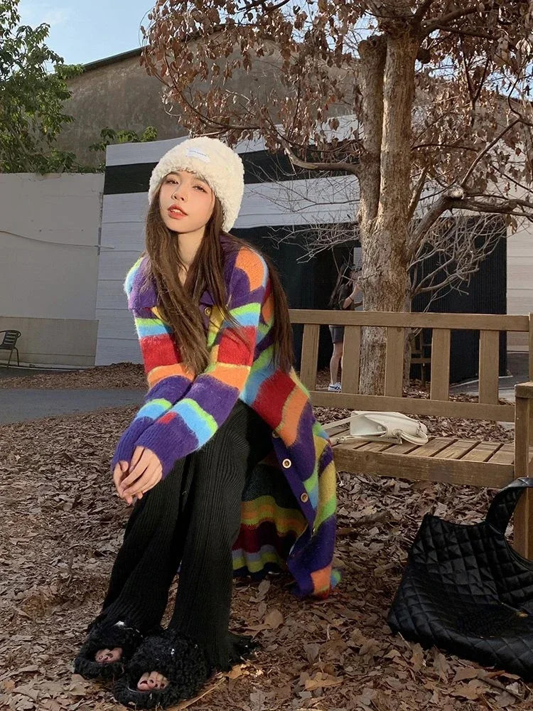 Hikigawa Chic Fashion Mohair Women Rainbow Striped Knitted Cardigan Long Coats Loose Contrast Color Sweater Outerwear Mujer 250225