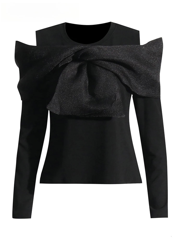 Solid Patchwork Bowknot Shirt For Women Round Neck Off Shoulder Long Sleeve Slimming Temperament T Shirts Female