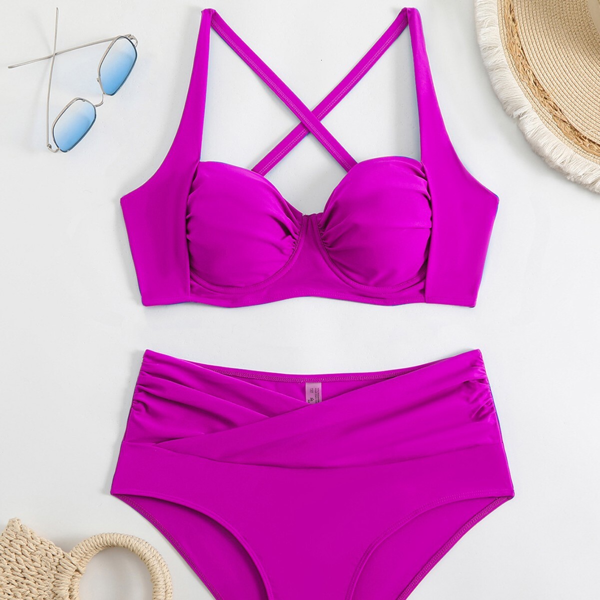 2025 Sexy swimwear New Hard Cup Solid Color High Waist Swimsuit Bikini