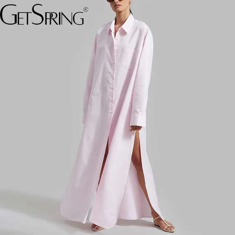 Getspring Women 2024 Autumn Solid Simple Split Full Sleeve Single Breasted Loose Casual Long Shirt Dress All Match Fashion