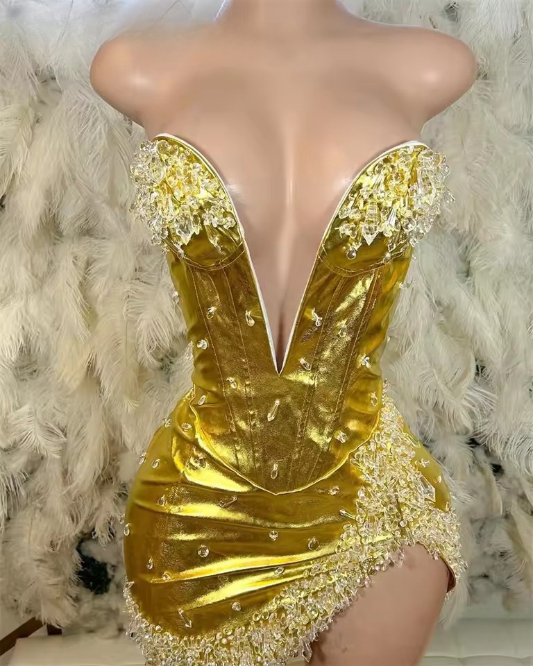 Sexy Gold Crystal Short Prom Dresses For Black Girls Dias Sweetheart Birthday Gown Leather tail Dress Customized