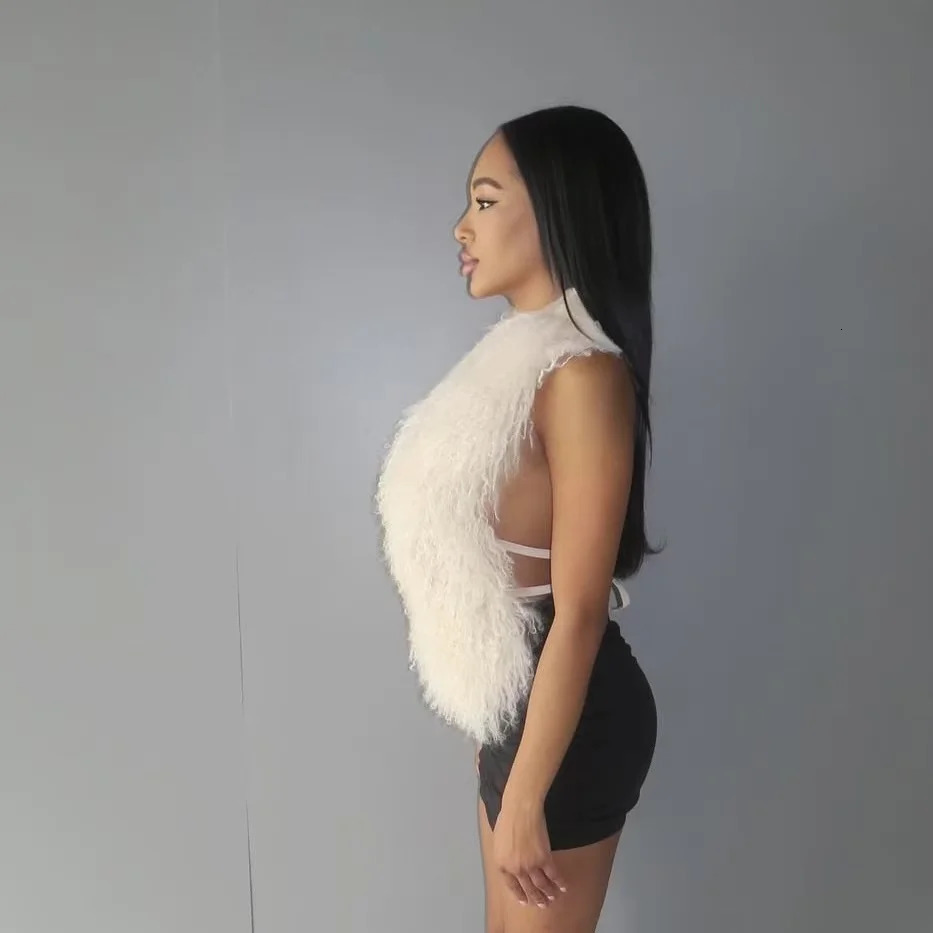 Crop Mongolian Halter Cutout Vest Slim Backless Bandage Fuzzy Puffy Cardigan Tops Sexy Women Mongolian Lamb Fur Bustiers Tanks 250226