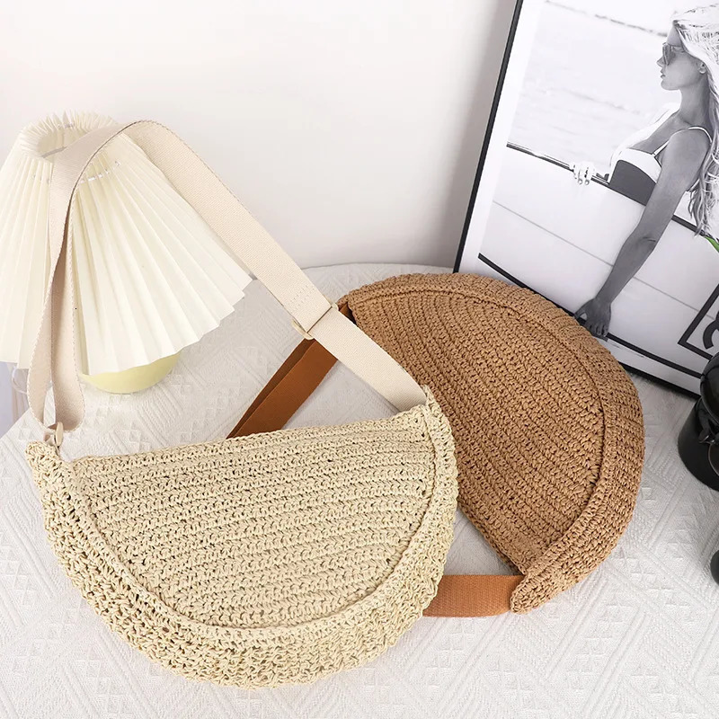 Simple Paper Rope Womens Shoulder Bags Summer Fashion Straw Semicircle Crossbody Bag Casual Beach Woven Handbags Underarm Bag 250224