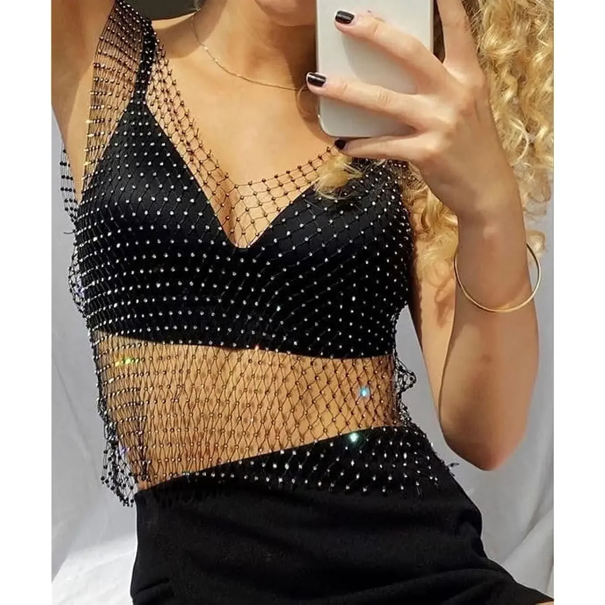 Sexy Shiny Rhinestone Fishnet Women Y2K Tank Tops See Through Crop Top Summer Beach Cover Up Tops Party Nightclub Women Clothing 250225