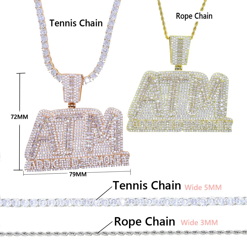 Iced Out Bling 5A CZ Letters ATM Addicted To Money Pendant Necklace 2 Colors Cubicz Zircon Mens HipHop 5mm Tennis Chain Jewelry 250320