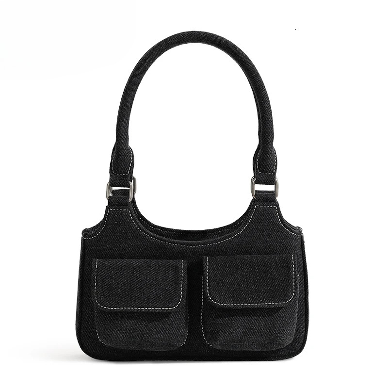Women New Denim Underarm Small Design Double Pocket Casual Handheld Shoulder Bag