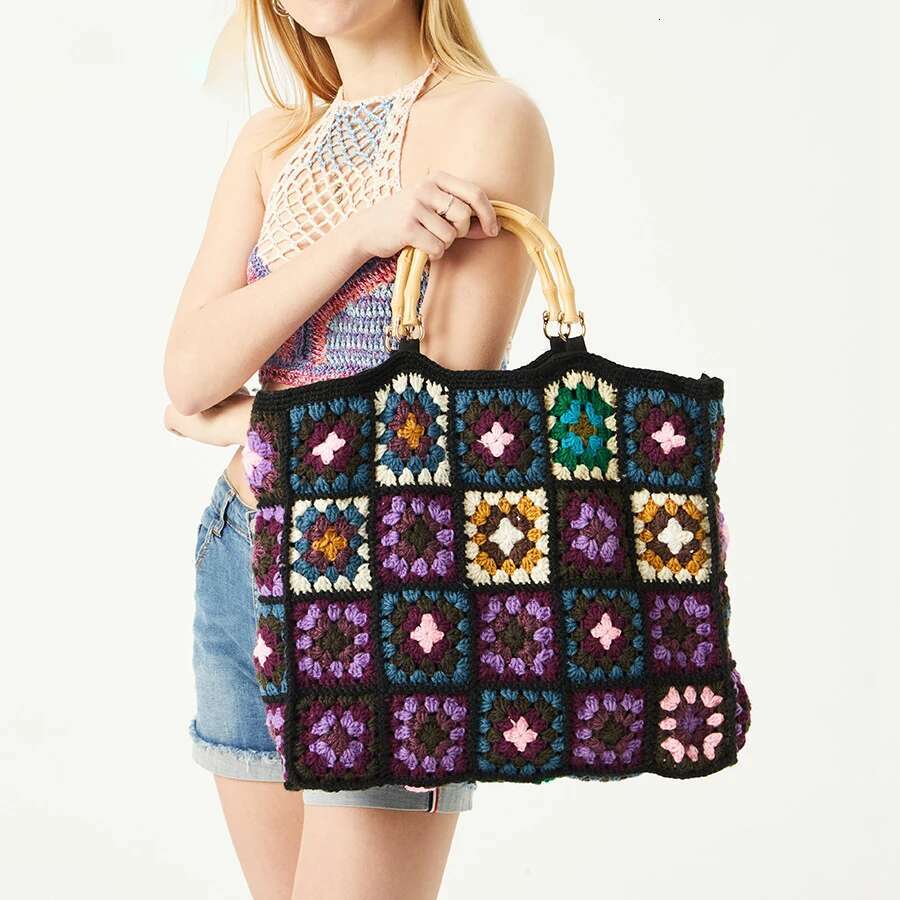 Vintage Crochet Granny Square Tote Designer Bamboon Handle Women Handbags Knitted Handmade Woven Big Shopper Purses 2023 Bag