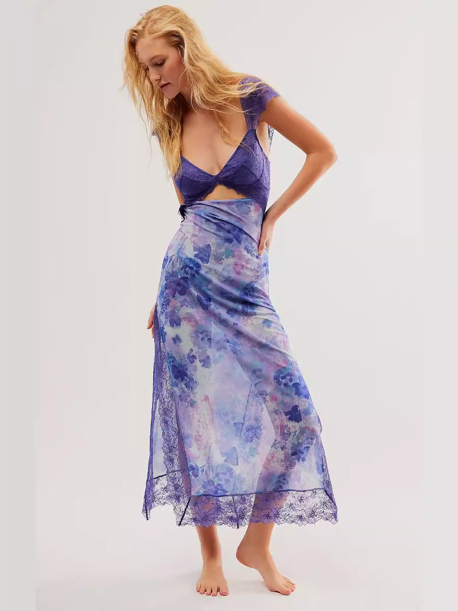 2025 summer new printed lace shoulder strap slit long skirt dress